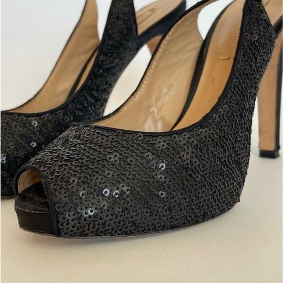 BCBGMAXAZRIA Bodhi Black Sequin Peep Toe Heels 7.5 Pumps Holiday Party Shoe NYE - Picture 1 of 11